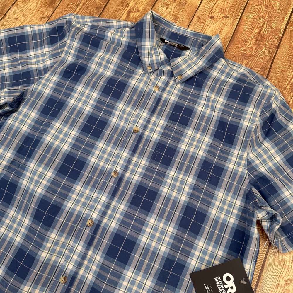 Outdoor Research Astroman Shirt Mens Extra Large Blue Plaid Short Sleeve NWT
